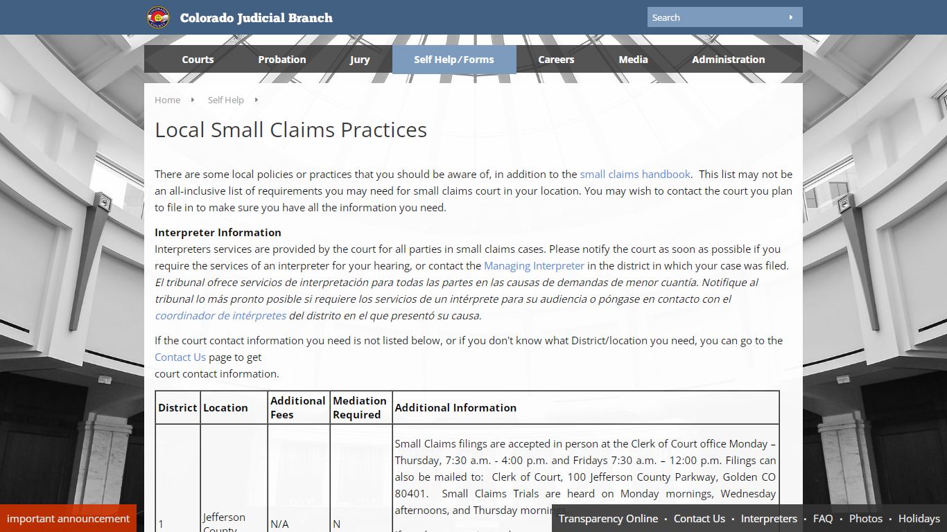 Colorado Judicial Branch - Self Help - Local Small Claims Practices